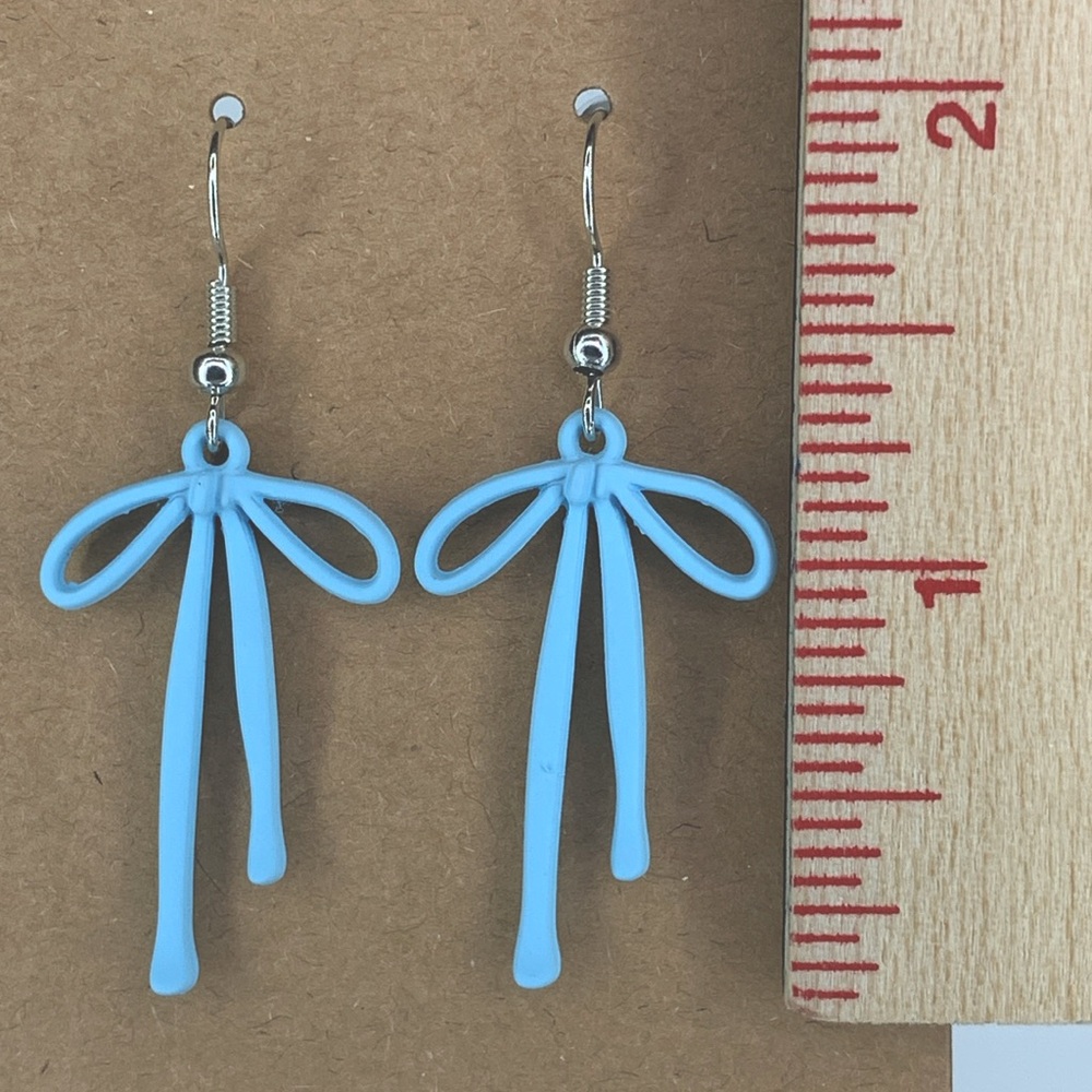 Gloss Coated Metal Blue Bow Pendant Earrings Fashion Jewelry - Picture 2 of 3